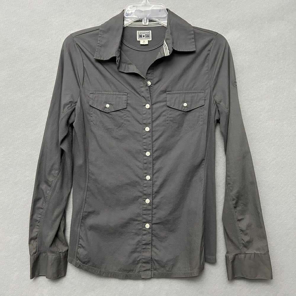 Converse One Star Button Down Shirt Mens Medium Grey Ribbed Side Panels Utility